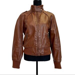 DOLLHOUSE Brown faux leather vegan high neck Moto jacket Sz L